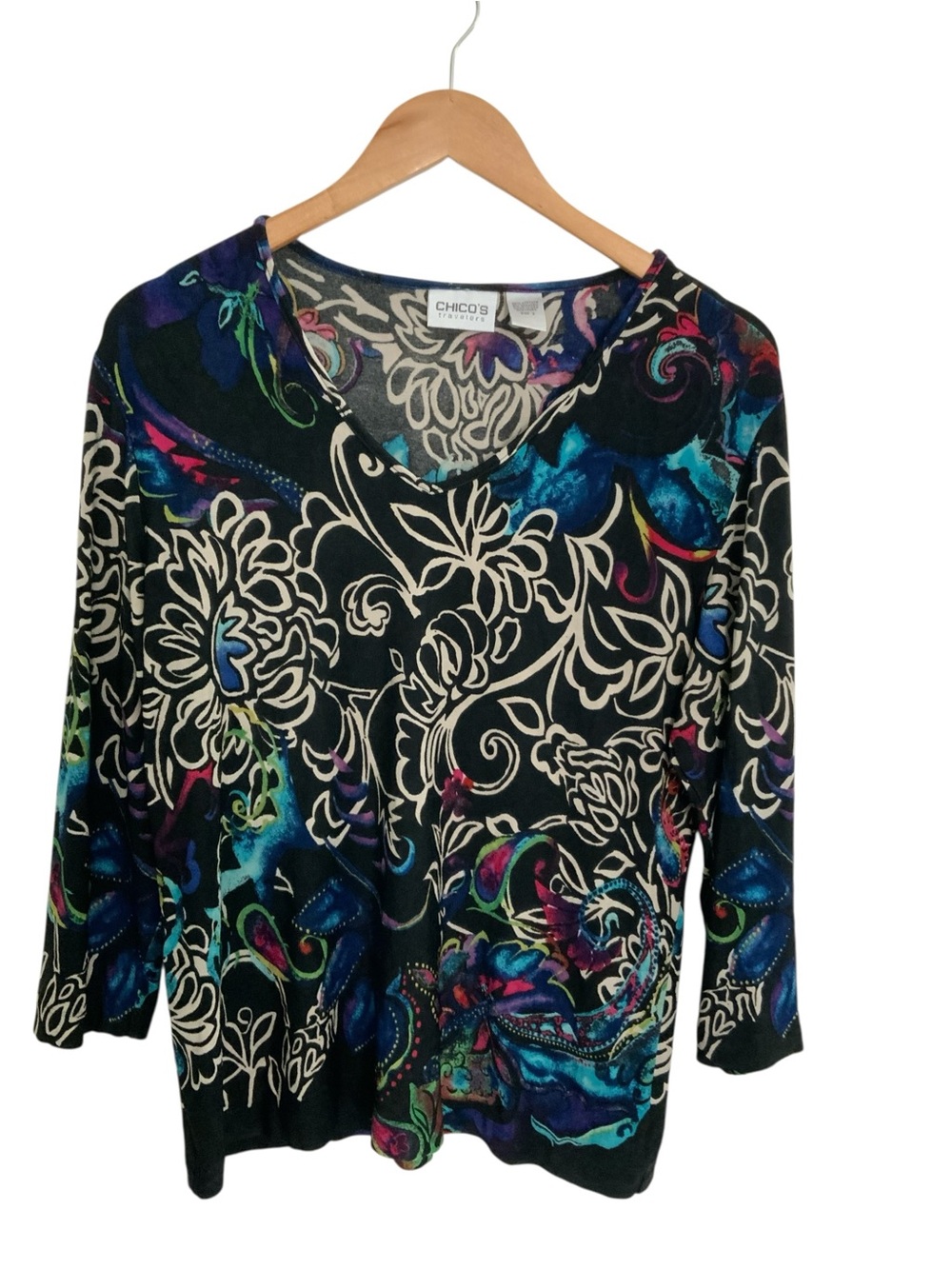 Y2K Chico's Black Multicolor Floral-Scroll V-Neck 3/4 Sleeve Top 3/XL